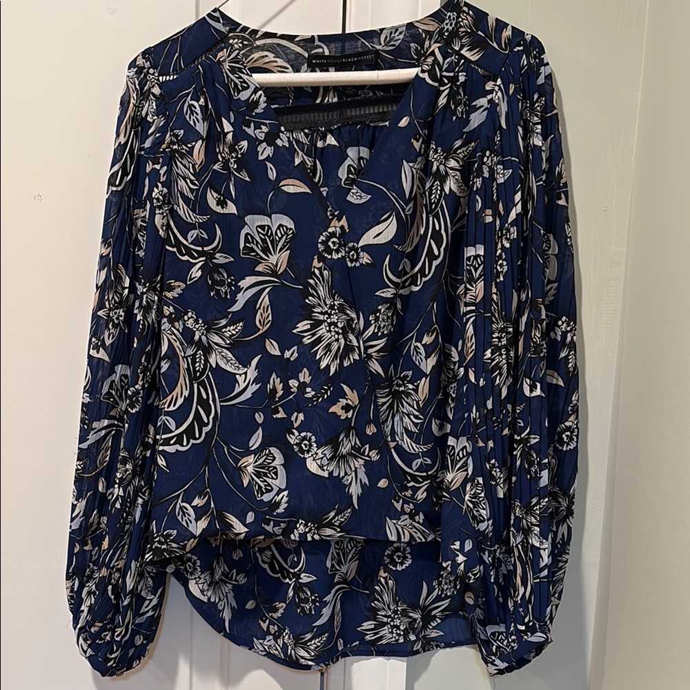 White House Black Market Blue Relaxed Blouse with Mandarin Collar